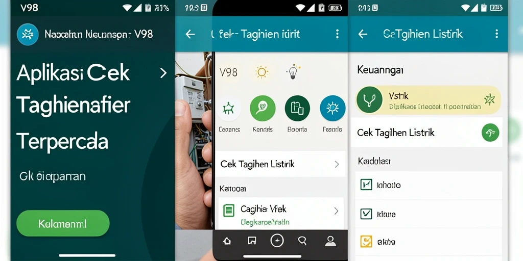 Antarmuka V98 menampilkan fitur Cek Tagihan Listrik yang intuitif.